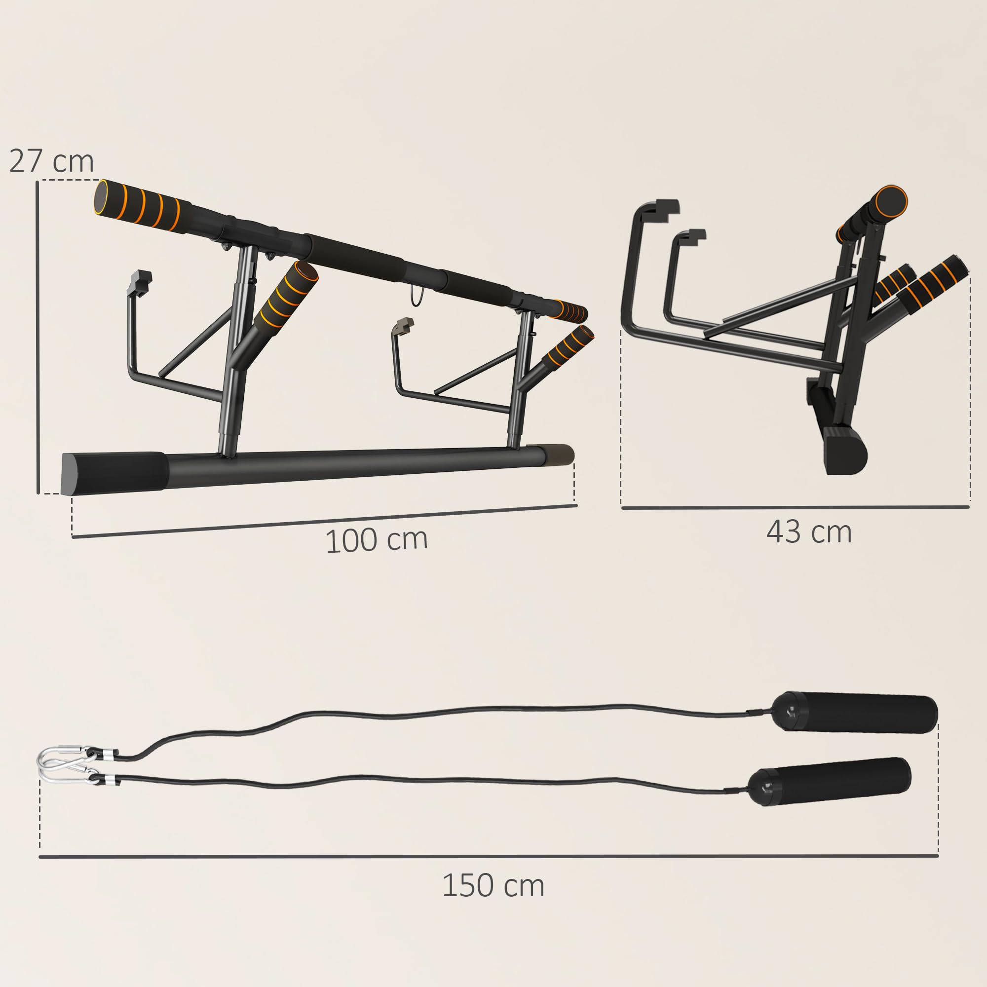 SPORTNOW Barre de traction, barre traction porte, avec bandes de résistance, poignées rembourrées, pour les exercices de gym à domicile, charge max. 150 kg, noir