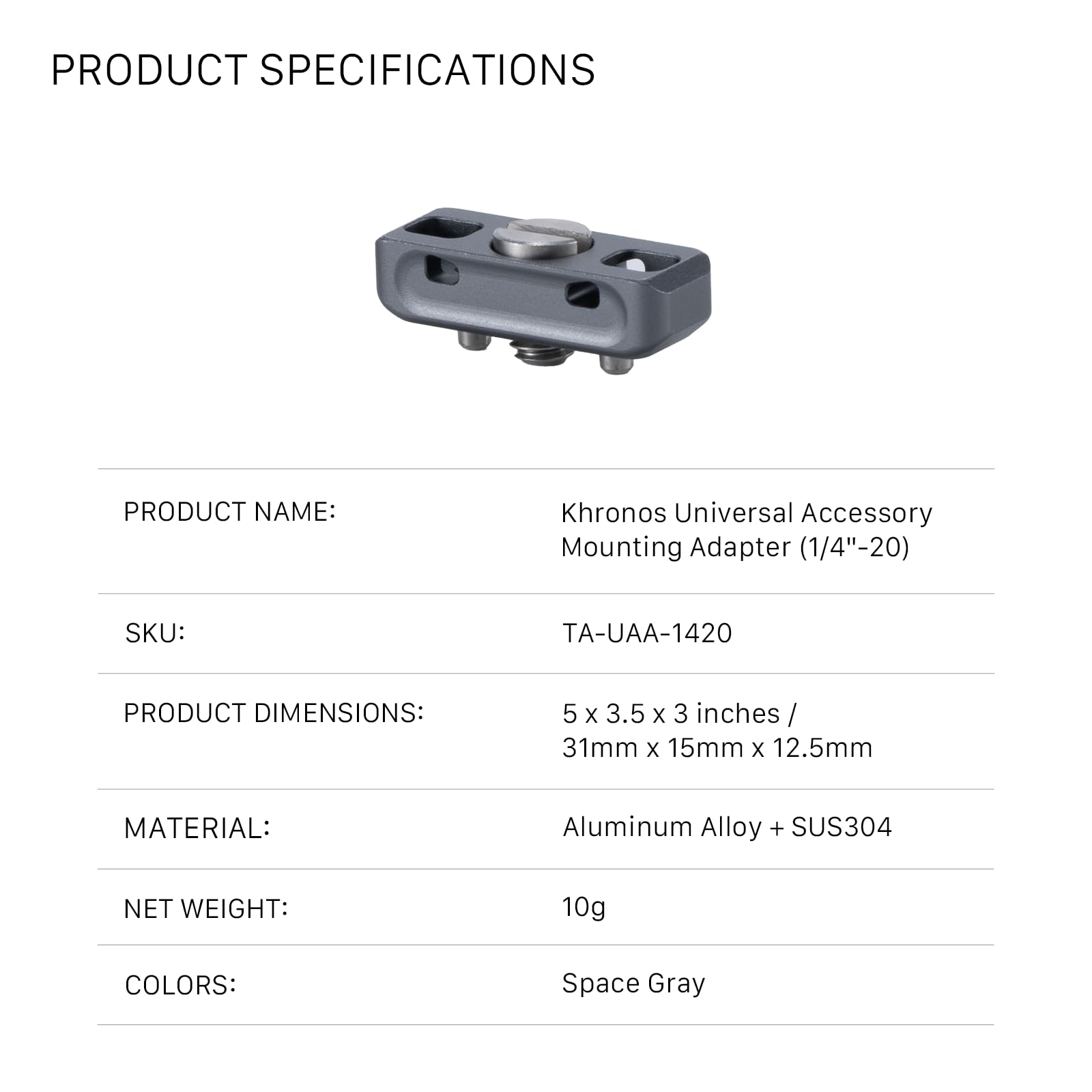 TILTA Khronos Adaptador de montaje universal de accesorios con tornillo de 1/4 ″-20 con pasadores de localización, gris espacial TA-UAA-1420-SG