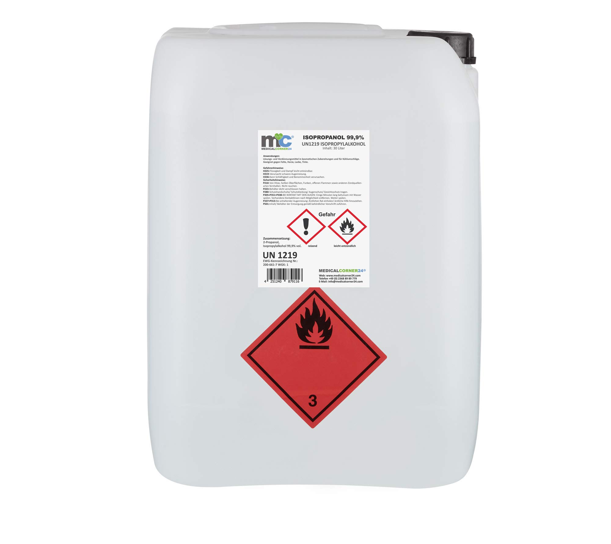 Medicalcorner24® Isopropanol 99,9% alcohol isopropílico, bidón de 30 litros, alcohol