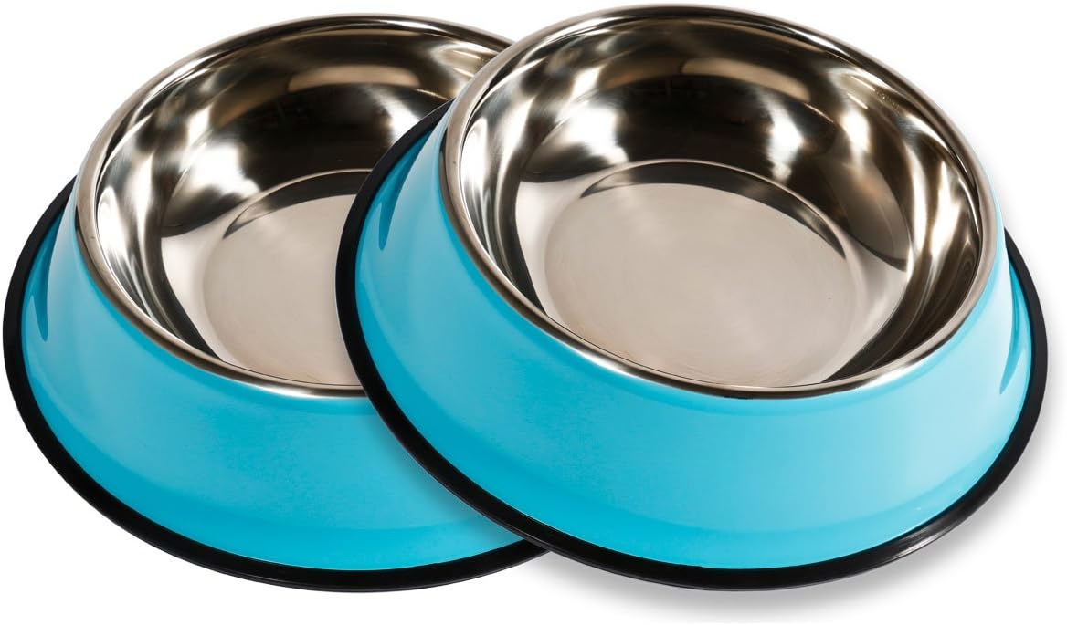 PETCEE Stainless Steel Large Dog Bowl Set of 2 has Rubber Around The Bottom, Blue