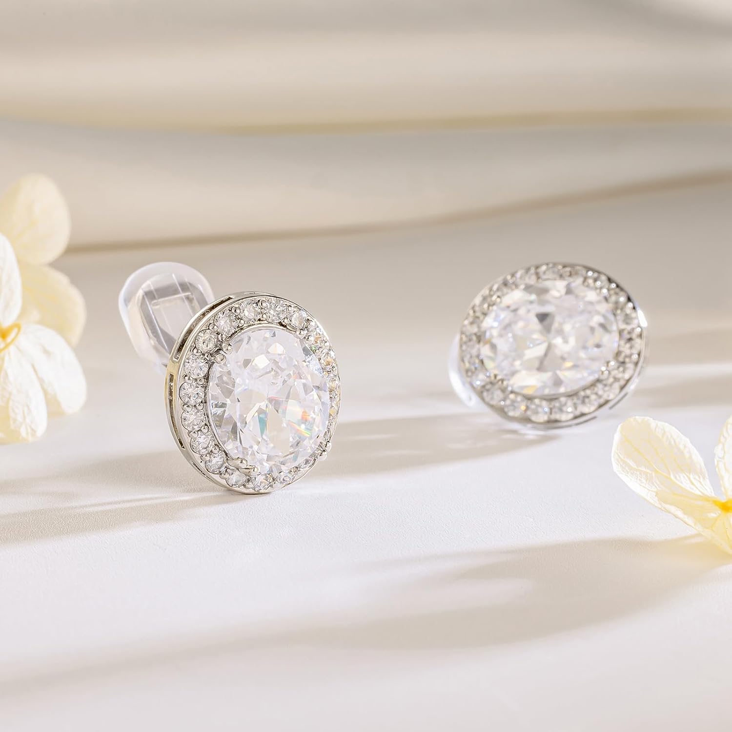 SELOVO Clip on Earrings Not Pierced Oval Statement Earrings Stud Silver Color Zircon Cubic Zirconia - Image 2