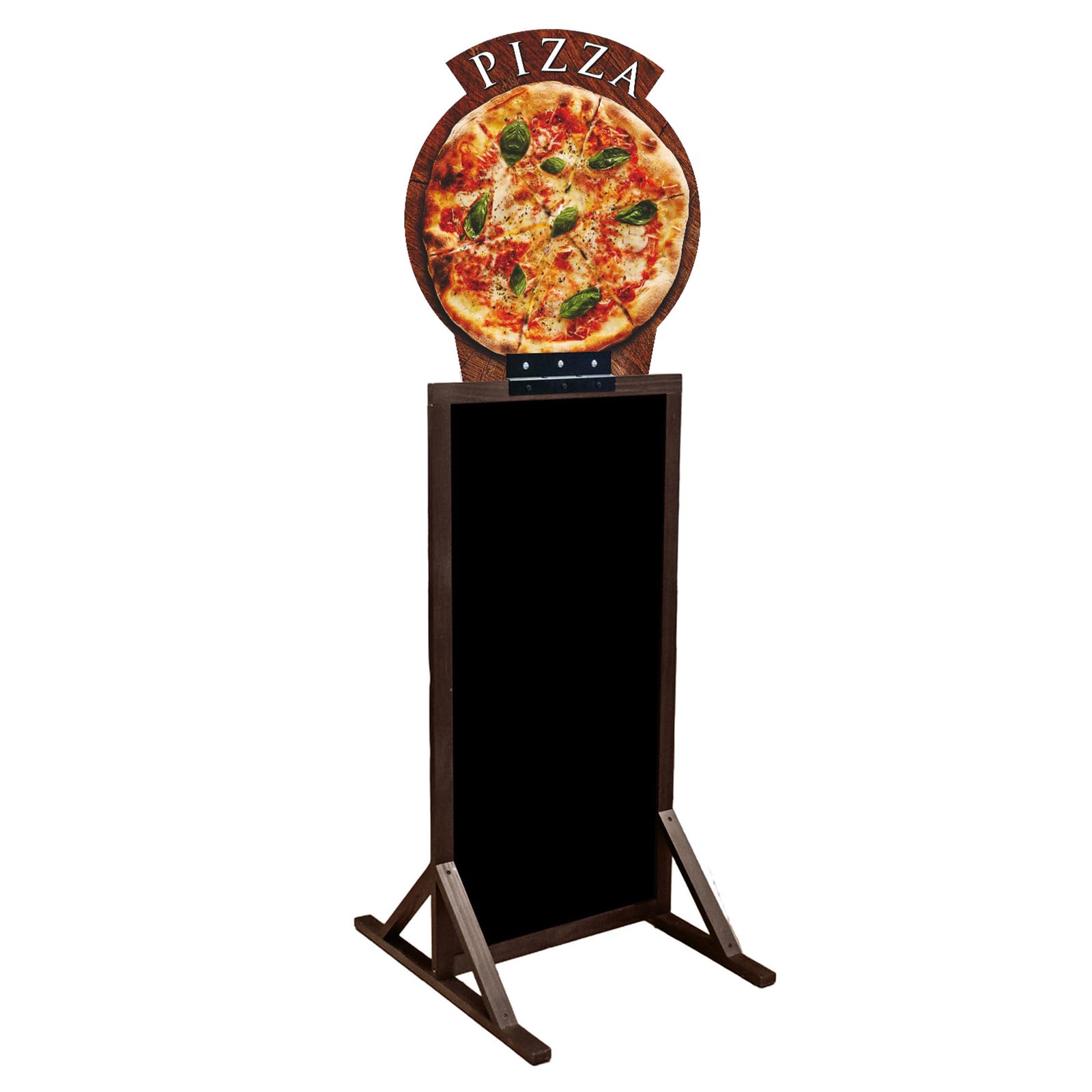 Doppelseitiger Kundenstopper 190 x 74 cm, wasserdicht, mit ABS-Kreidetafel, braune Holzkonstruktion, 16 Motive für Eisdiele, Café, Pizzeria und Gastronomie (9. Pizza Margherita)