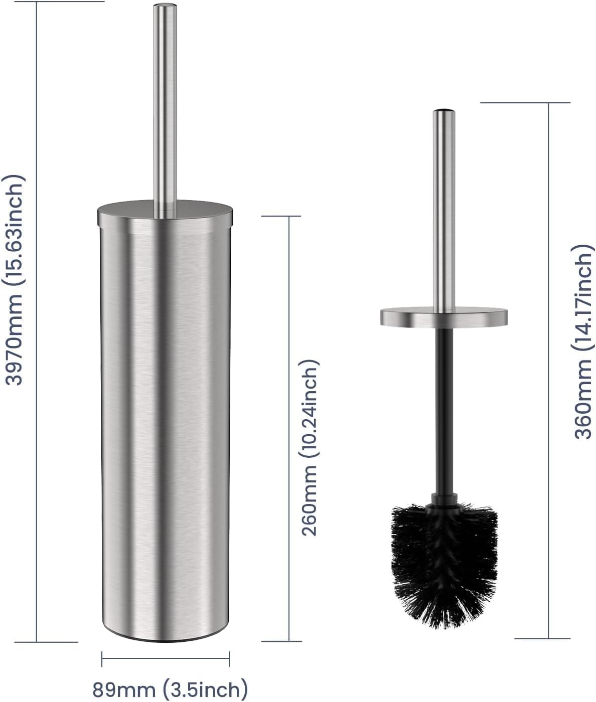 DOWRY Stainless Steel Toilet Bowl Brush and Holder for Bathroom, Deep Cleaning Toilet Brush and Holder Set with Long Handle, Hidden Toilet Bowl Brush with 2 Heads,Modern Decor Nickel Round 2PCS