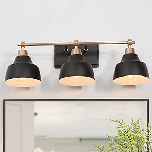 KSANA Bathroom Light Fixture, 3-Light Black Bathroom Vanity Lights with Gold Socket, 24.5’’ Large Modern Farmhouse Bathroom Lighting with Black Metal Shade