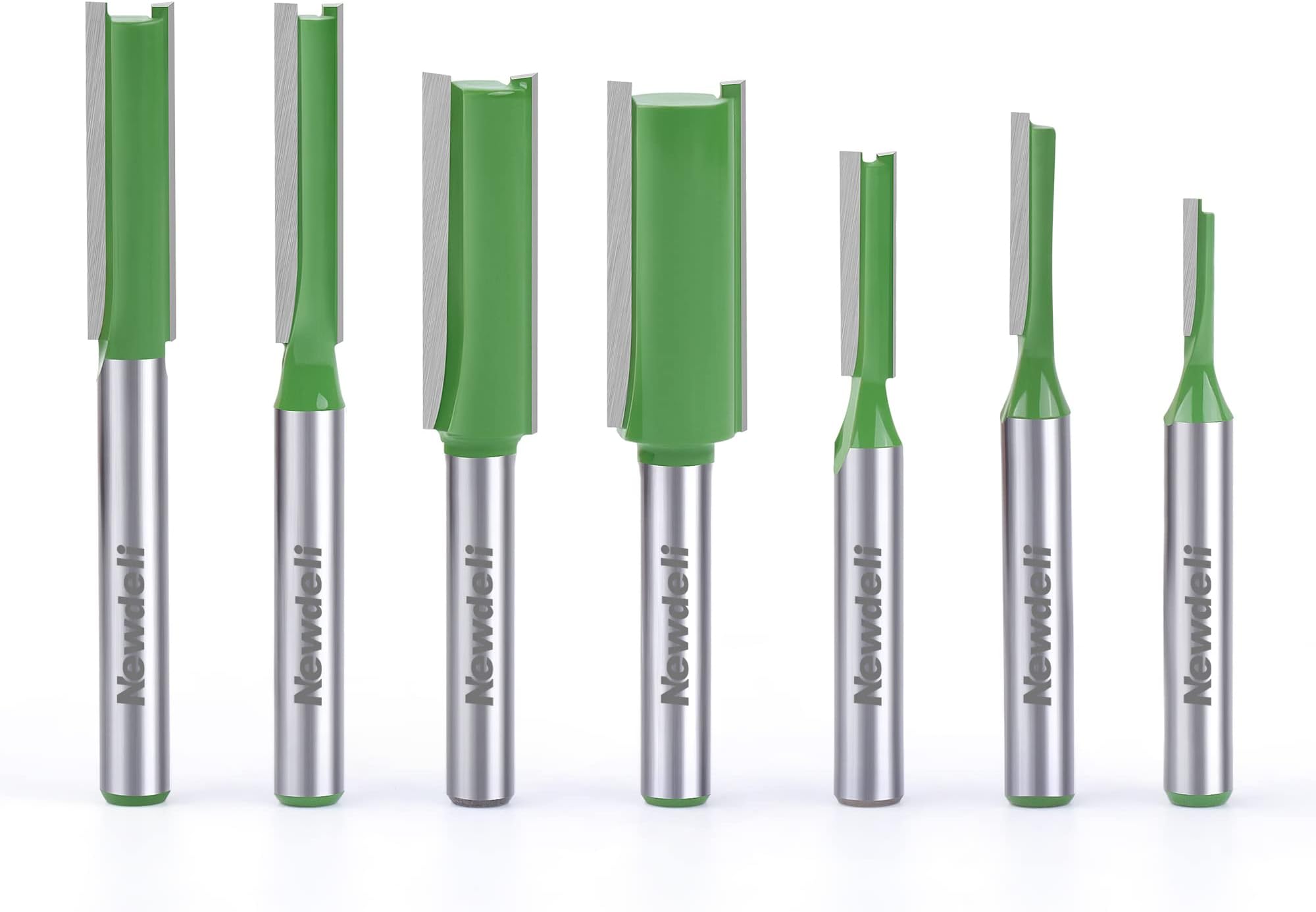 Straight Cut Router Bits 1/4" Shank, Newedli 7Pcs Double&Single Flute Straight Dado Router Bit Set, 1/8",5/32",1/5",1/4",5/16",3/8",1/2" Cutting Diameter Trimming Cutter for Woodworking