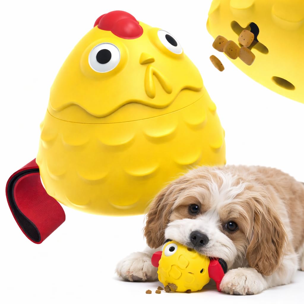 PetSetGo Dog Treat Dispenser Toy with Squeaker, Interactive Chicken Puzzle Toy with Strap, Slow Feeder Enrichment Toy for Puppies & Small Medium Dogs, Boredom Relief Training Toy