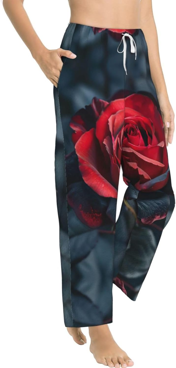 Red And Black Rose Print Cozy Christmas Pajama Pants,Flannel Pajama Bottoms,Cater To Various Body Types