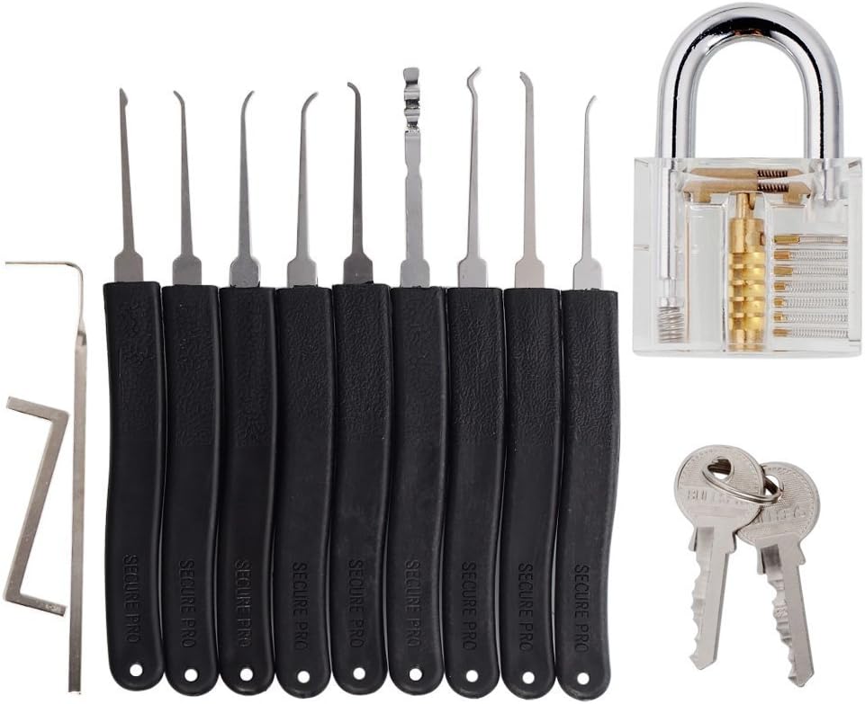 11-Piece Lock Pick Set with Transparent Practice Padlock Lock Picking Tools for Locksmith Unlocking Training