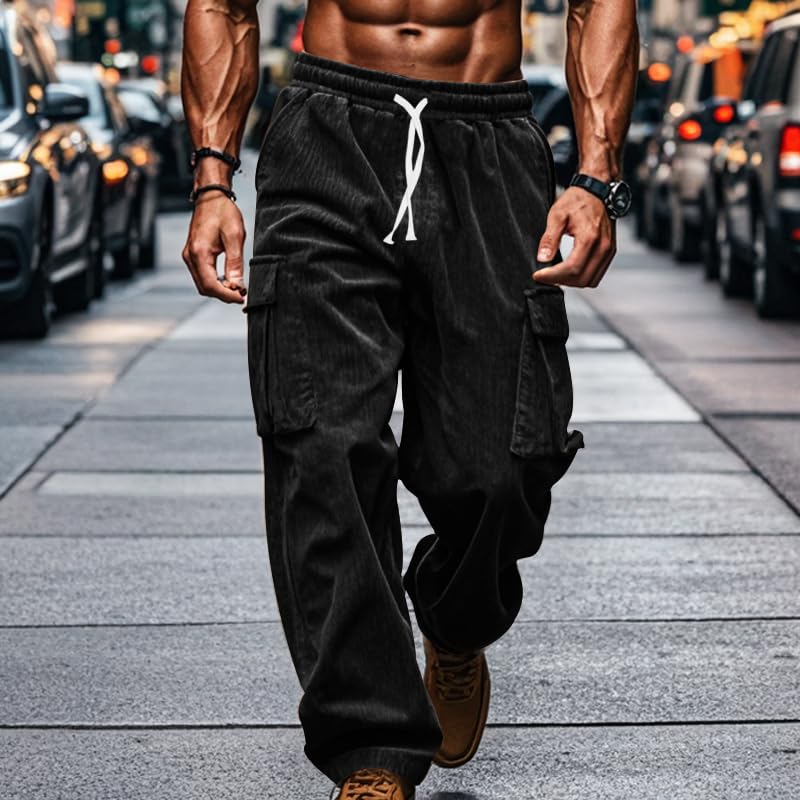 ZOCANIA Men's Corduroy Cargo Pants Drawstring Waist Sweatpants Multi Pockets Straight Leg Fall Casual Trousers3