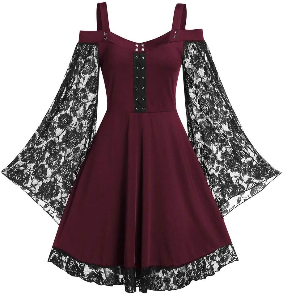 Dunacifa Women Off Shoulder Mini Dress Sun and Star Print Long Sleeve O-Neck Lace Asymmetric Casual Party Dress