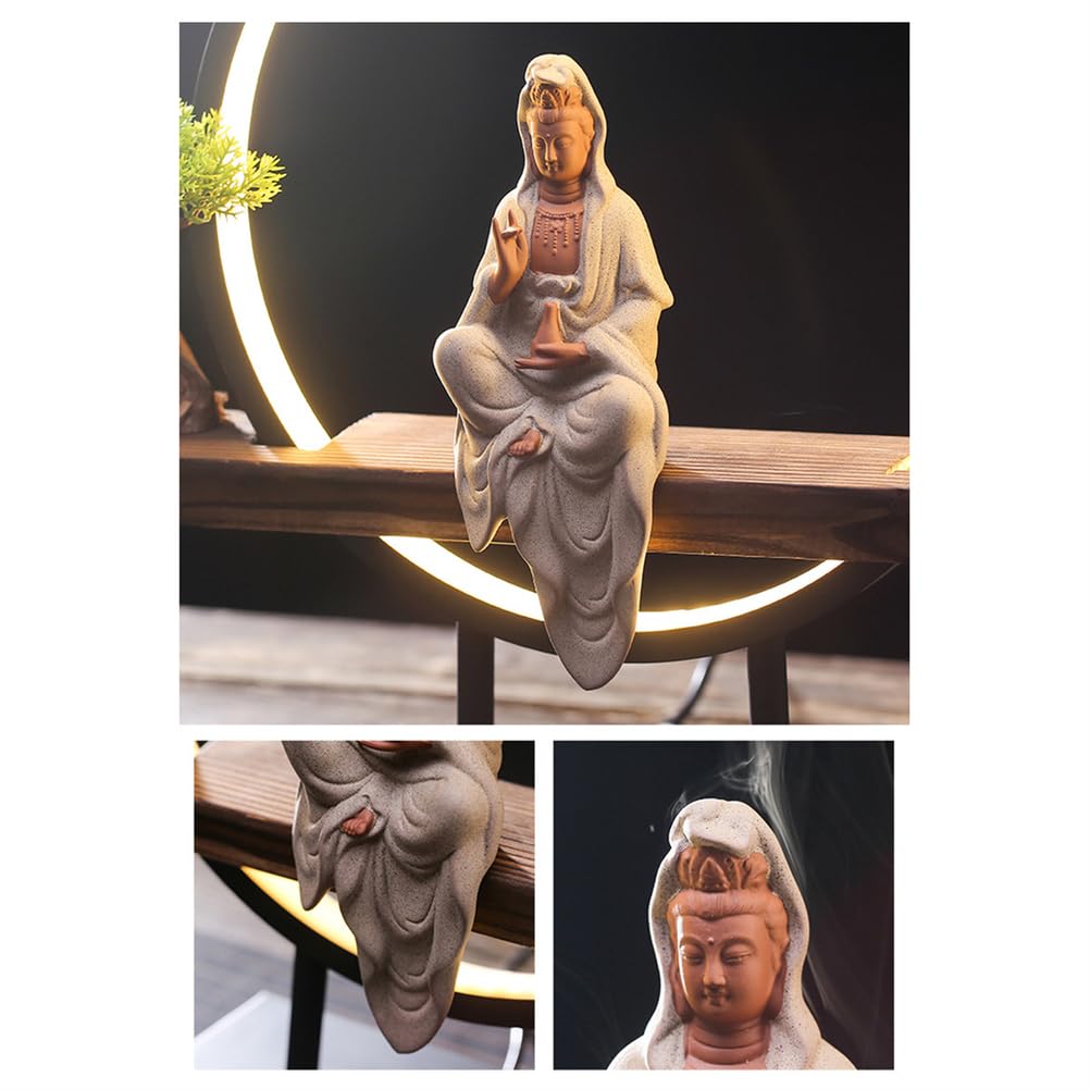 Buddha-Statue mit dekorativem Bonsai-Baum und LED-Kreislampe, Keramikfigur für Innenbereich, Heimbüro, spirituelles Kunststück für Meditation und Entspannung