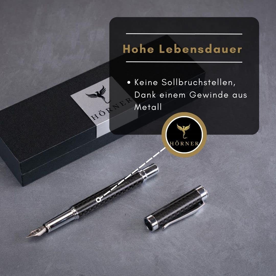 Hörner ONE - Hochwertiger Füllfederhalter aus Carbon I Premium Geschenkbox I Tinte in Schwarz I Luxus Design I Edel Feder Made in Germany I Attraktiver Stift für Herren und Damen