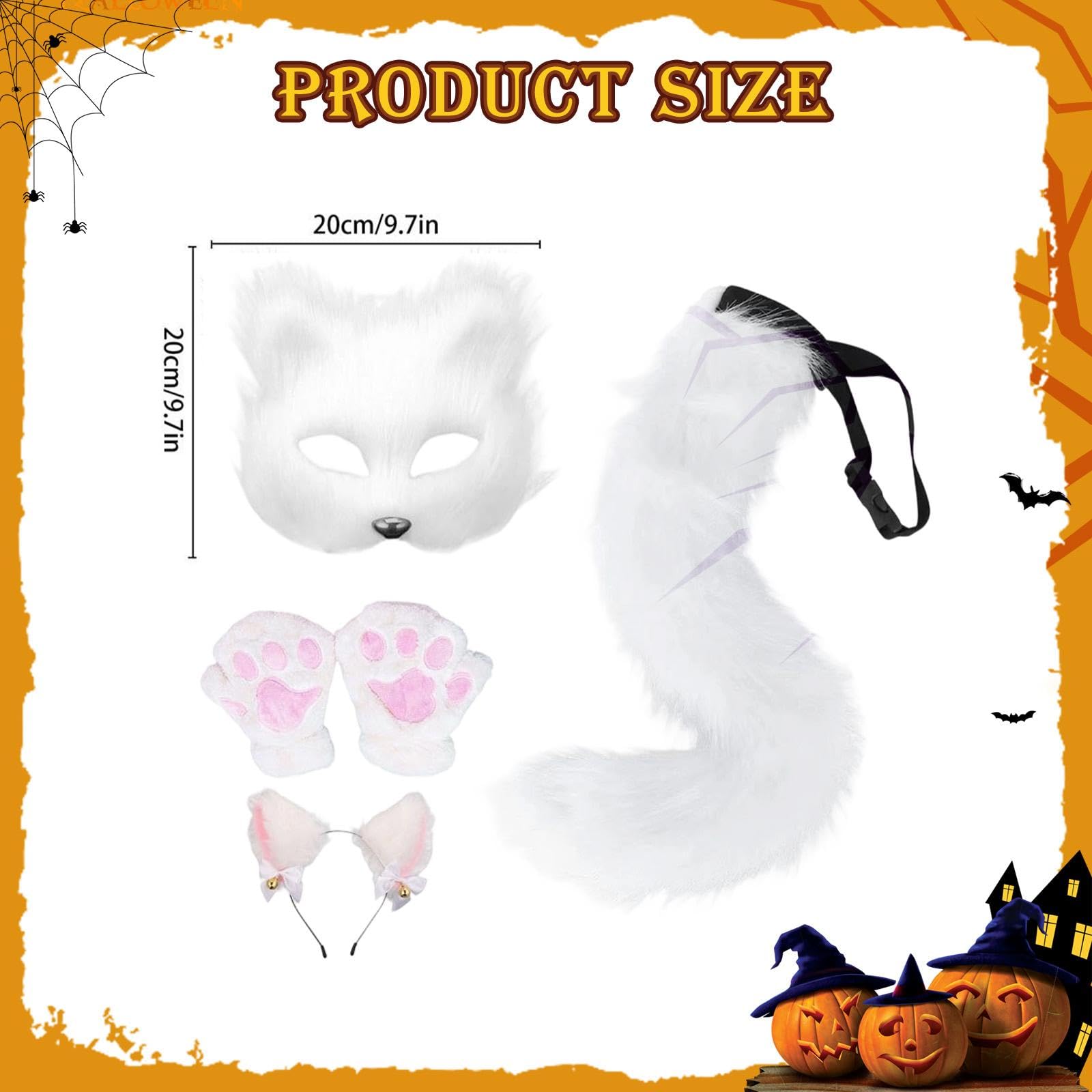 Ears Headband Ensemble Comprenant Serre-tête Queue en Peluche Masque et Gants sans Doigts Accessoire Déguisement Animal pour Cosplay Adapté au, Blanc