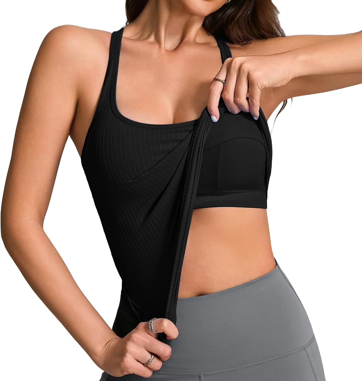 Tank Tops for Women with Built in Bra, Ribbed Knit Slim Fitted Summer Workout Top