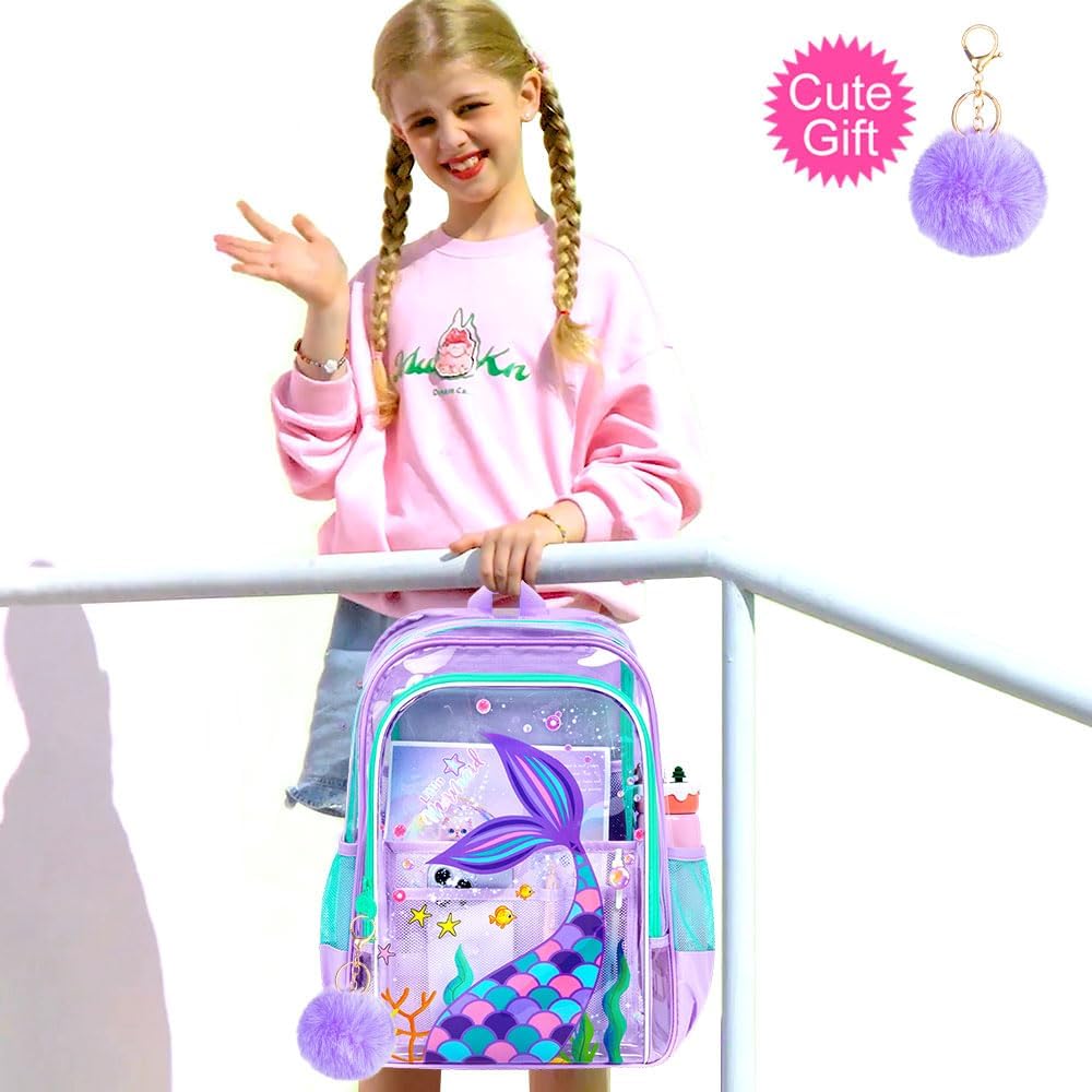 Clear Backpack for Girls and Boys, Kids Transparent Bookbag, 3PCS Cute See Through School Bag for Elementary Prechool