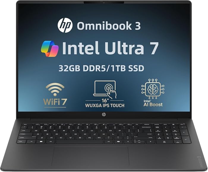 HP OmniBook 3 16" Business Touchscreen Laptop | Intel Core Ultra 7 255U 12-Core Processor | 32GB DDR5 RAM | 1TB SSD | WUXGA IPS Display | Wi-Fi 7 | Numeric Keypad | Windows 11