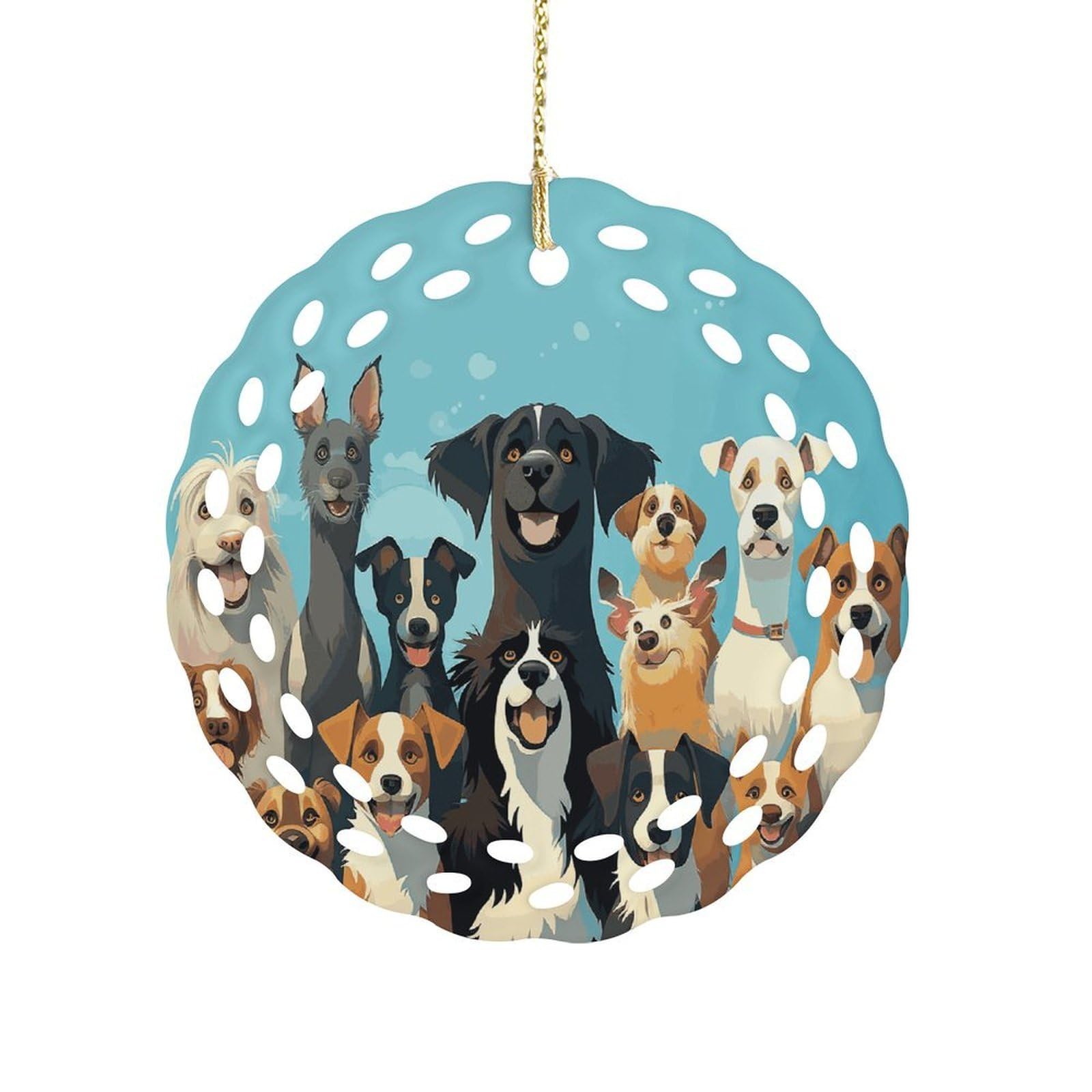 Btcowzrv Style A Large Group Of Dogs On A Blue Background Ceramic Ornament,Round Ornaments With Hole Easy To Hang,Hanging Ornament For Wedding Party Home Window Garden Christmas Day Decor