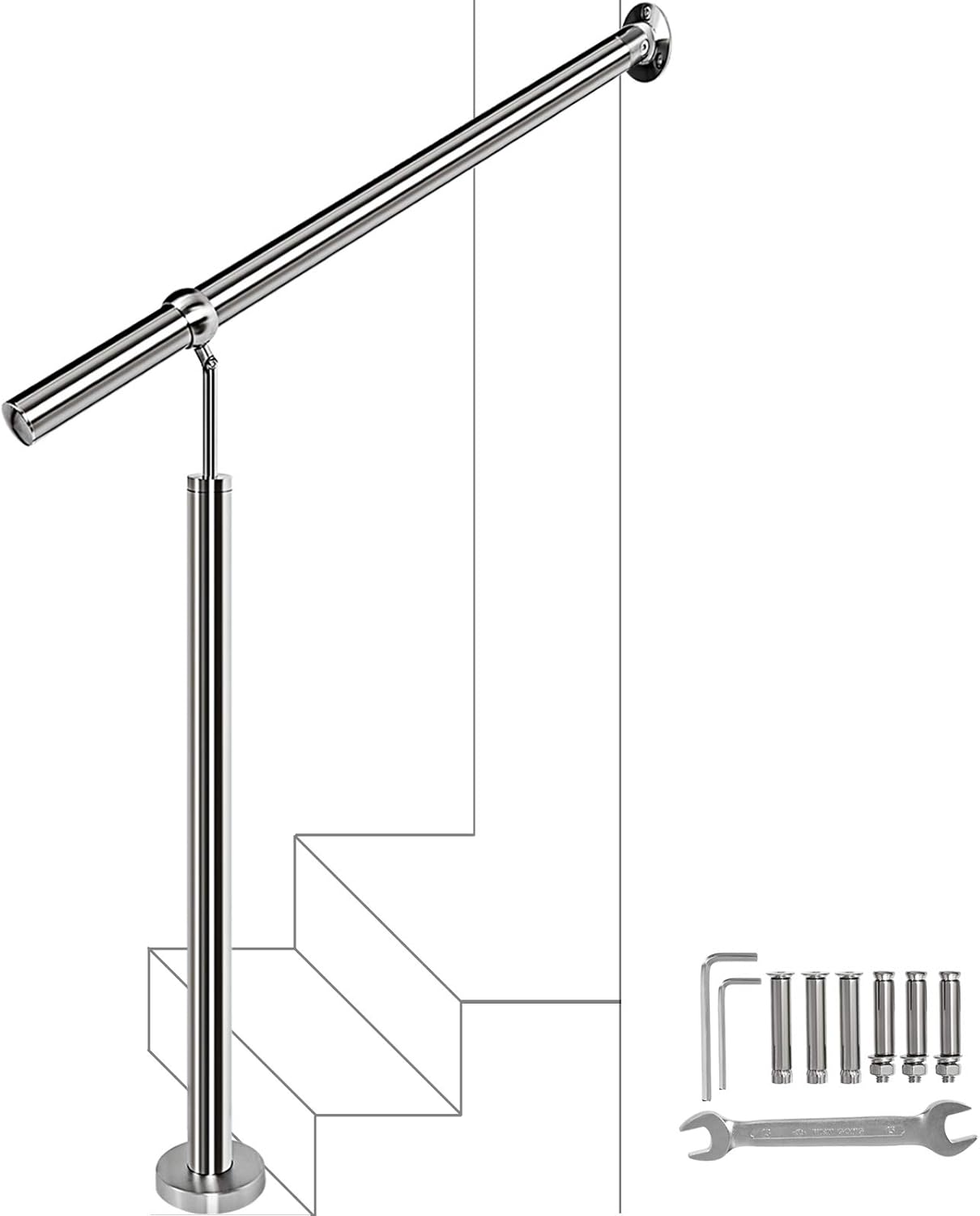 Handrails 1-3 Step,304 Brushed Stainless Steel Handrail Railing,Wall&Floor Mounted Handrail,Stair Rail with Installation Kit Hand Rails for Outdoor Steps Silver, 31.5x35.5 inch - - 