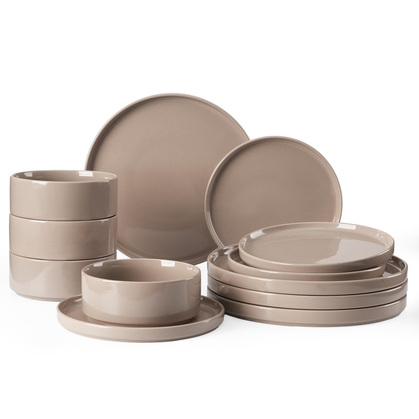 Richmount Nebula Plates and Bowls Set, 12PC Speckled Stoneware Plate Set, Scratch Resistant Dinnerware Sets, Dishwasher & Microwave Safe, Dining Plates and Bowls Sets, Brown