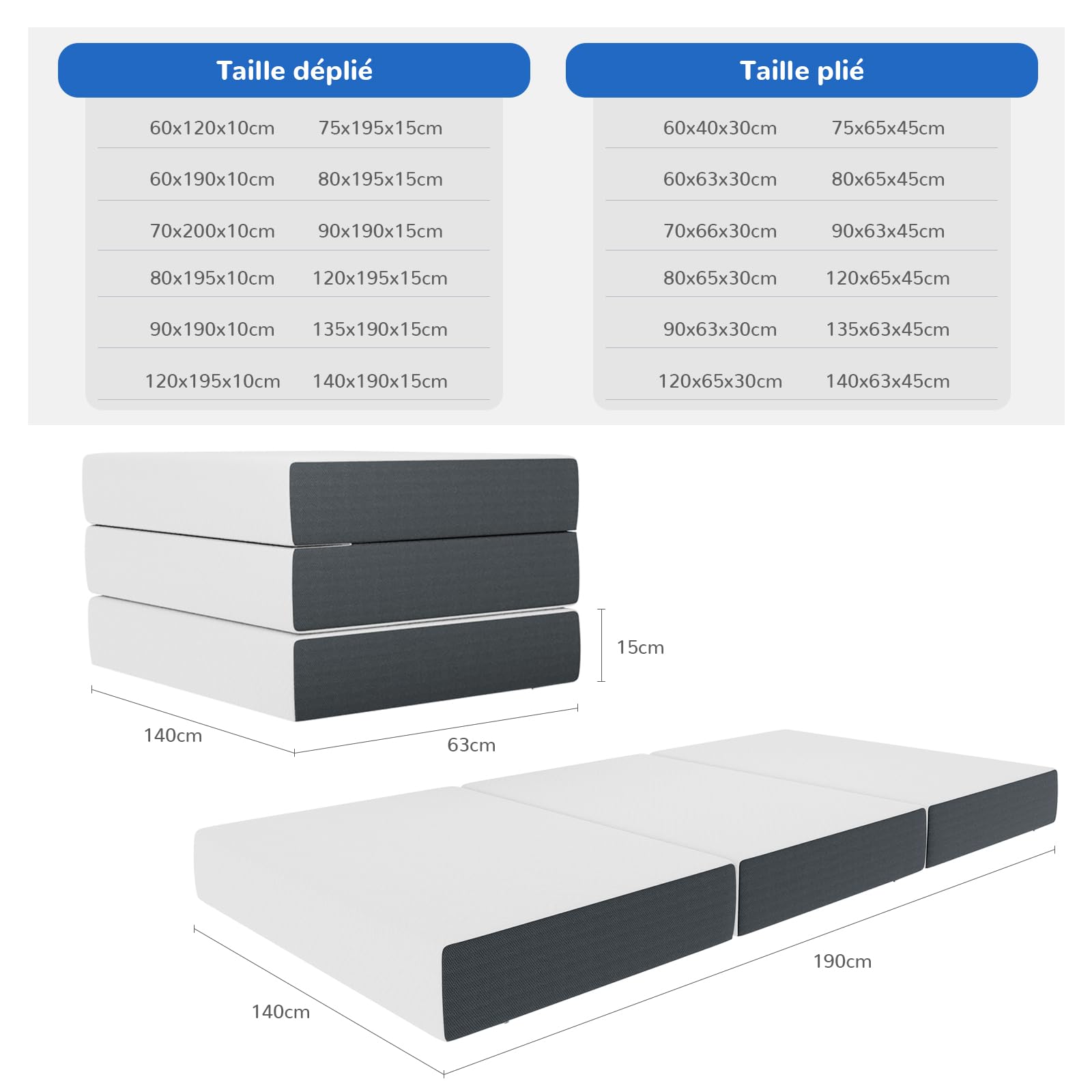 Vesgantti Matelas Pliable 140x190x15cm, Matelas d'Appoint en Mousse à Mémoire de Forme en Gel, Amovible et Lavable avec Sac de Transport, Idéal pour Voyages, Camping, Lit d'appoint, Oeko Tex - Blanc