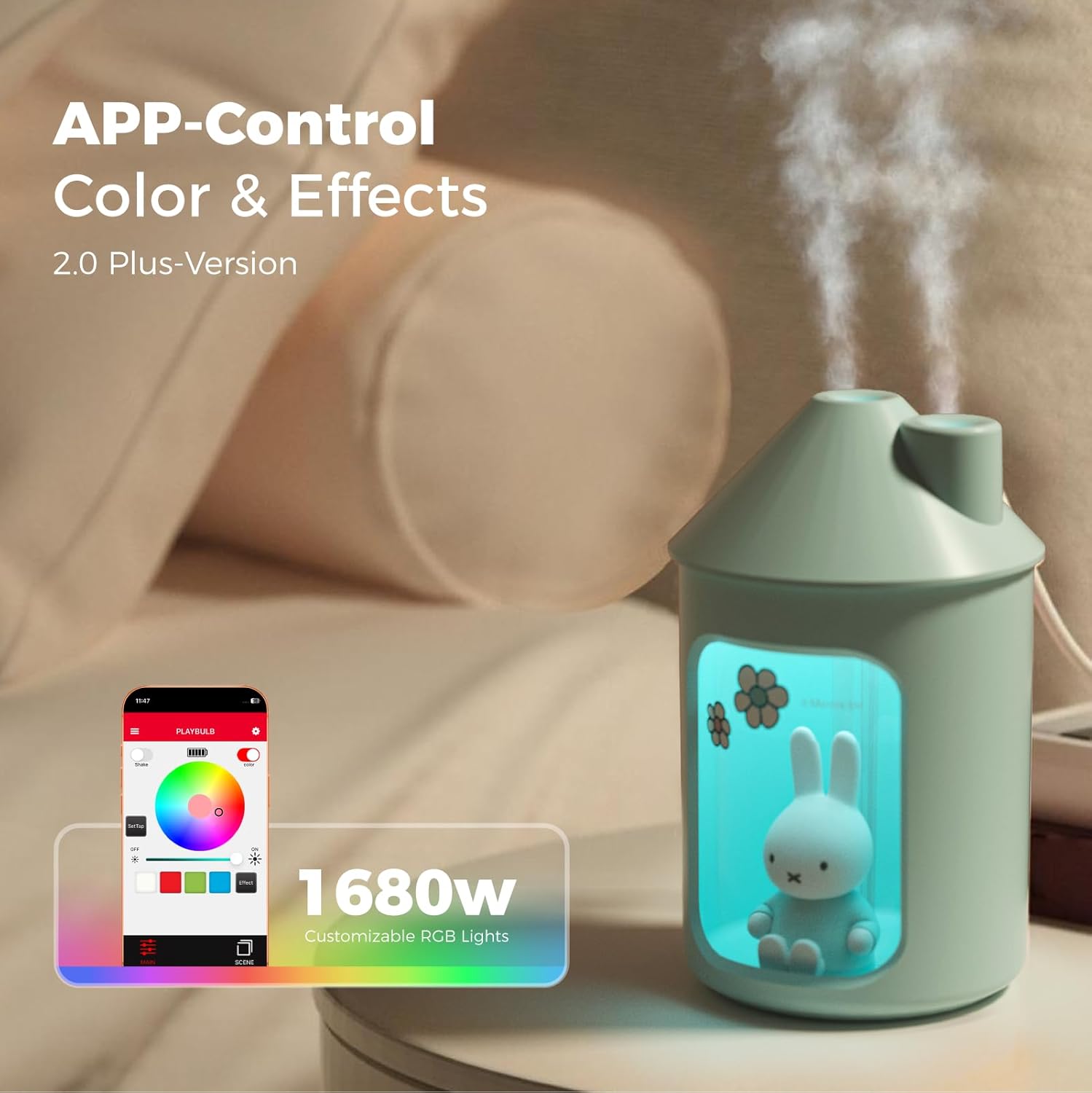Mipow X Miffy Double Spray Humidifier 2.0 Smart App-Control RGB LED, Mini Cute Humidifier with Night Light, 500ml for Bedroom, Nursery/Office - Blue