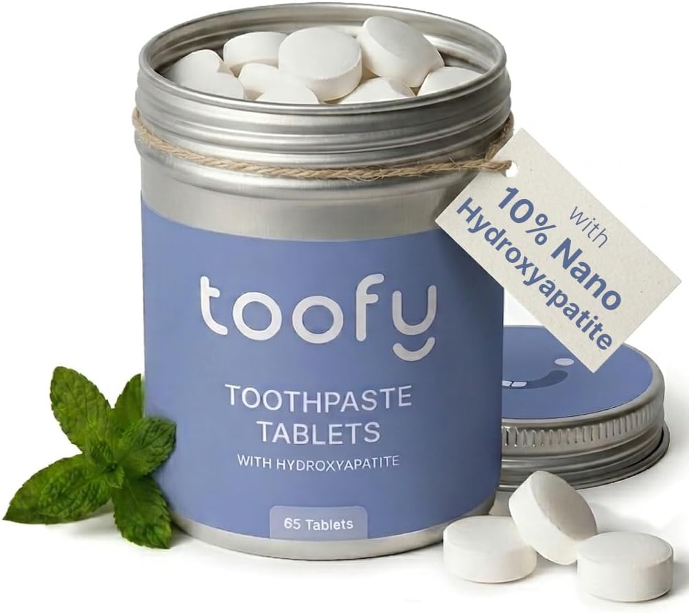 Toofy Toothpaste Tablets, 65 Count (65-Day Supply) | 10% Nano Hydroxyapatite, Remineralizing | Fluoride-Free Natural Whitening | Plastic-Free, Travel-Friendly Oral Care for Adults | Fresh Mint