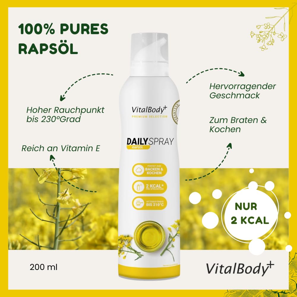 VitalBody+ DailySpray Probierpaket, 6er Pack – 2 kcal Ölspray für Airfryer, Braten & Grillen – Kalorienarm Kochen – Non-stick Cooking Spray, 4800 Portionen