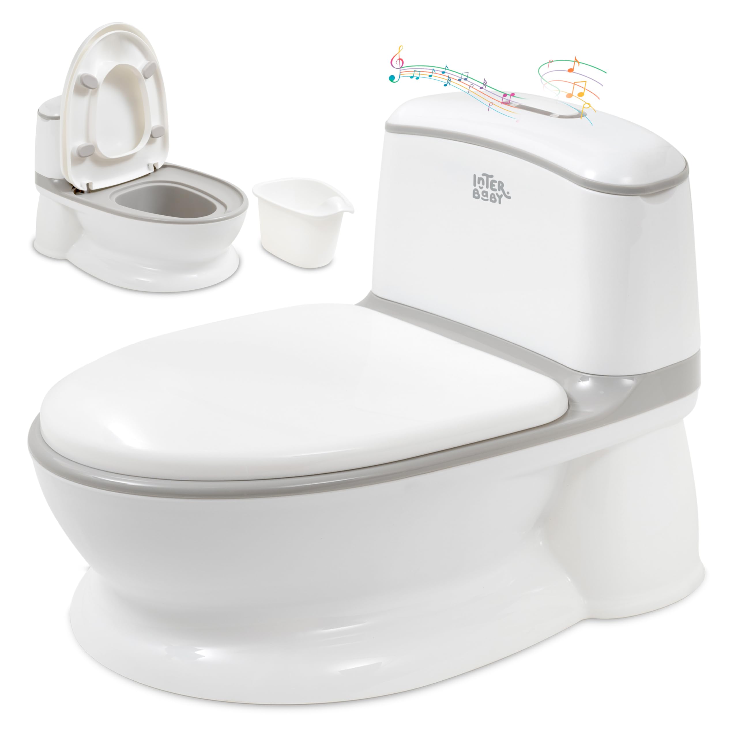 Interbaby Orinales Infantiles WC Portátil Niños con Sonido de Descarga | Váter cómodo para Niños con Cadena Realista | Orinal Infantil Antideslizante con Portarrollos | 18+ Meses, Divertido (Blanco)