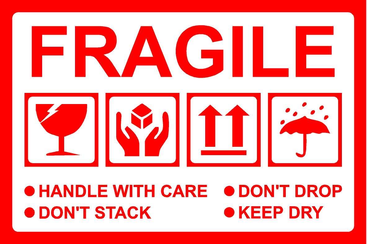 Fragile handle with care, don't stack, don't drop, keep dry package/envelope safety labels - Self adhesive sticker 100mm x 66mm (250)