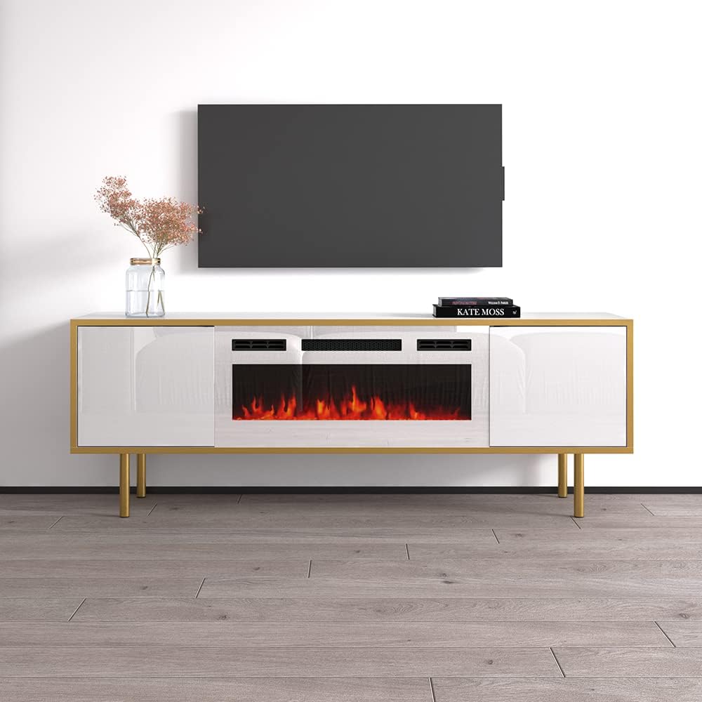 Meble Furniture Goldie Bl-Ef Floating TV Stand with Electric Fireplace — Modern High-Gloss Entertainment Center — Fits TVs up to 75" — White, 65" W x 18" D x 25" H