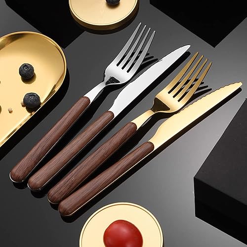 Juego de cubiertos dorados de 24 piezas para 6, juego de cubiertos de madera de acero inoxidable que incluye tenedores, cuchillos, cucharas, moderno
