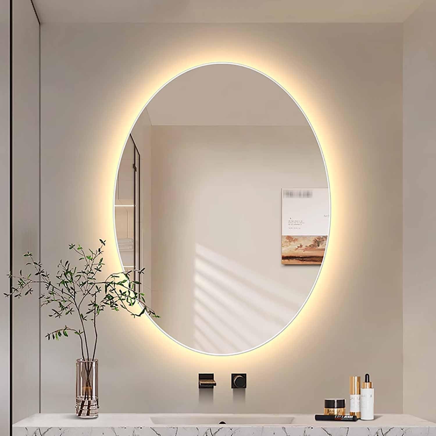 FGXHHS 40"x30" with Lights Large Oval Wall for Vanity 28"x20" Frameless Anti-Fog Shatter-Proof 3-Color Dimmable Lights(Backlit,100x75cm)