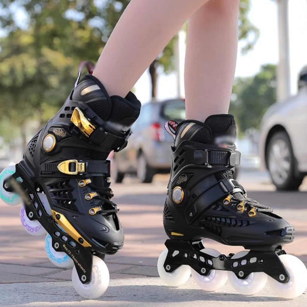 Professional Men and Women Racing Roller Skates, 8 Wheels Flashing Inline Skates, Club Fancy Skates, Decompression and Relaxation(Black Gold,US-5)