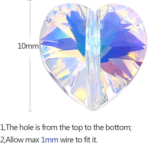 Miniatura 4 de LONGWIN - 60 cuentas de cristal en forma de corazón AB de 0.394 pulgadas (0.394 in) con agujero vertical Adabele, dije de cristal de corazón