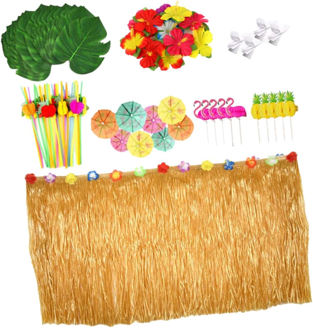 SOLUSTRE Tropical Hawaiian Party Decorations with Grass Table Skirt Paper Flowers Pineapple Flamingo and Umbrellas for Summer Festivities and Luau Celebrations