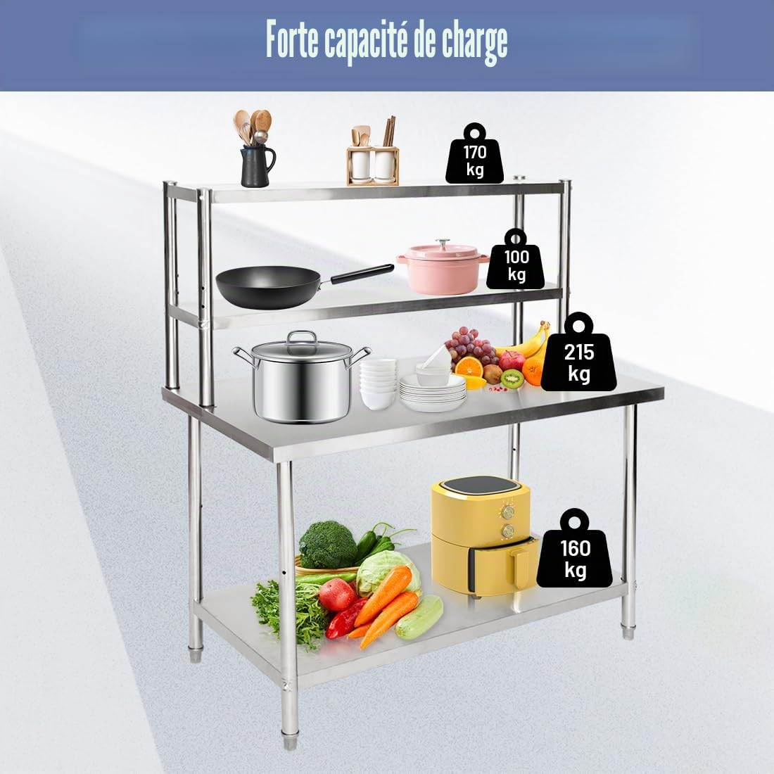Stainless Steel Work Table 120 x 60 cm Adjustable 250 kg Double Storage for Kitchen | Smooth surface anti-scratch, stable feet, easy mounting, height adjustable, for gardens, commercial restaurants, hotels