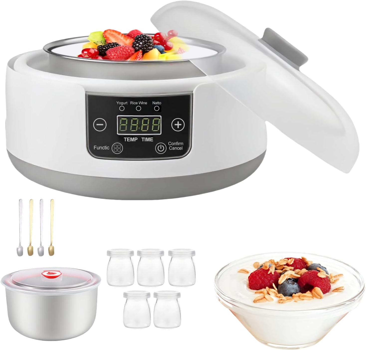 Yogurt Maker with Adjust Temp & Time, Abnaok Multi-Function Probiotic Yogurt Maker with BPA-free PP Lid, Celsius Increment, 304 Stainless Steel Inner Bowl, LED Display