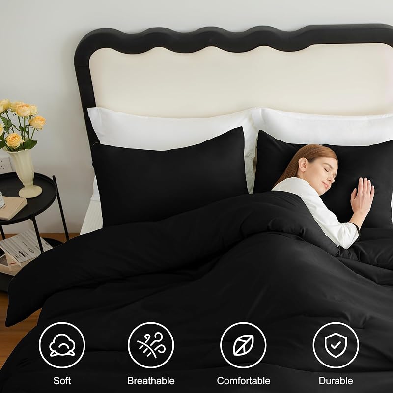 CozyLux Queen Comforter Set, 3 Pieces Down Alternative Bedding, Black image 5