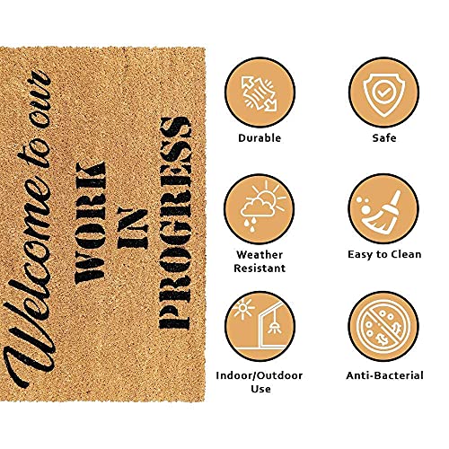 Image of Onlymat inchWelcome to Our Work Printed Doormat, Rectangular (75x45cm), Black /Brown - Natural Coir with Anti-Slip PVC Backing for Entryway, Outdoor, Home, Floor, Door, Hall & Living Room.