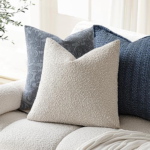 Image of Foindtower Set of 2, Decorative Textured Boucle Throw Pillow Covers Accent Solid Pillow Cases Neutral Cozy Couch Cushion Case for Chair Sofa Bedroom Living Room Home Decor 16 x 16 Inch Ivory Beige