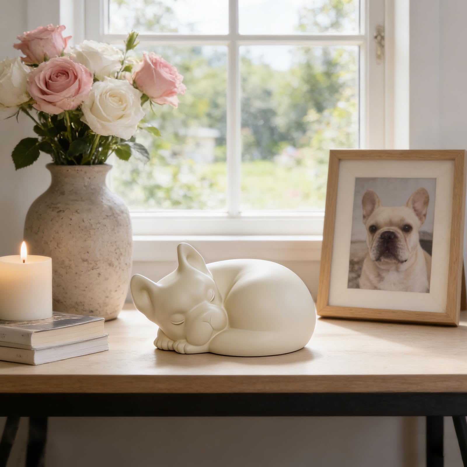 Hunde Urne in Form eines Schlafenden Hundes – Urne für Französische Bulldogge Hundeasche, Erinnerungsurne für Haustiere
