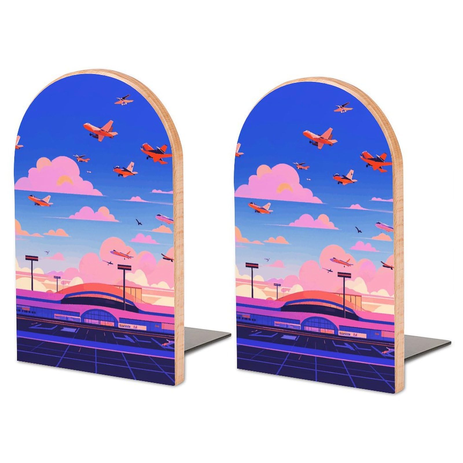 Serre-livres avion en bois de hêtre et métal pour organisation de bureau