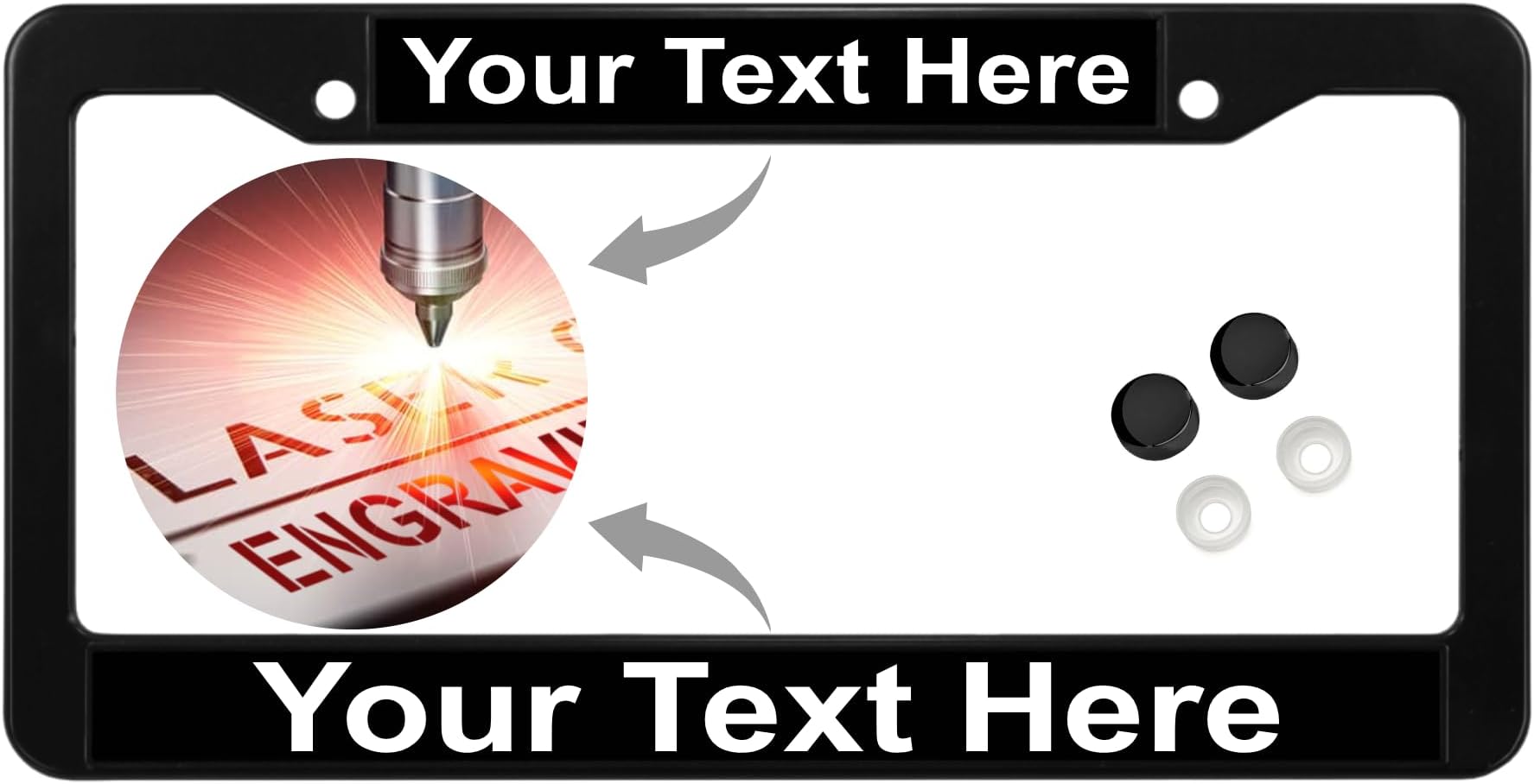 ABS Plastic Black Personalized with Custom Text Design | Laser Engraved Standard Size - Car/Automobile License Plate Frame with Free caps - Black/White Text (Qty: 1 Frame)