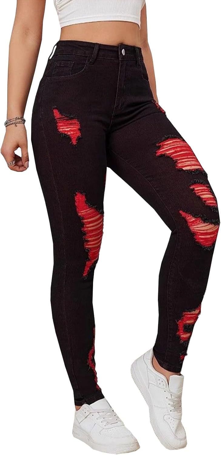 Viatabuna Ripped Skinny Jeans for Women High Rise Stretch Petite Slim Fit Distressed Butt Lifting Denim Pants Hole Mom Jeans