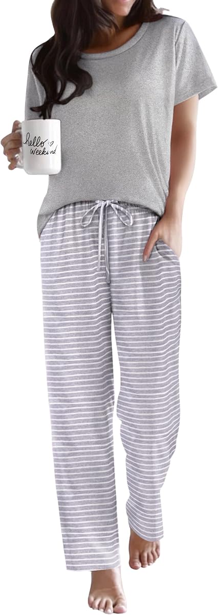 Ekouaer Conjuntos de pijamas para mujer Conjuntos de pijamas con cuello redondo Ropa de dormir suelta | Conjuntos de salón informales de 2 piezas, conjunto de pijamas sueltos para dormir, descansar, trotar y caminar