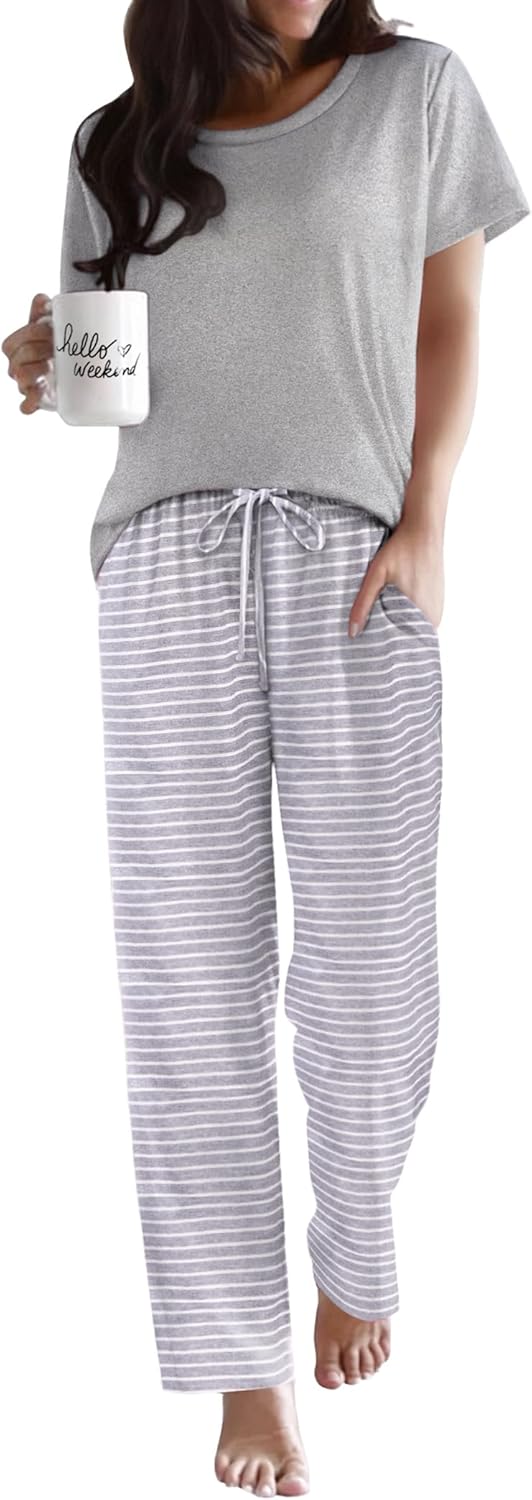 Ekouaer Pajama Sets for Women Round Neck Pjs Short Sleeve Sleepwear with Long Pants Loose Lounge Sets