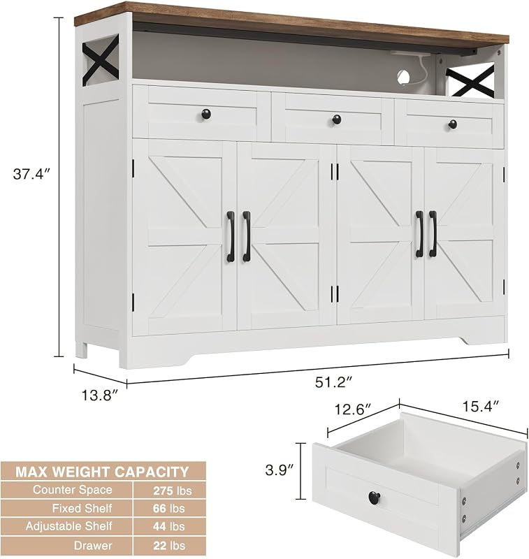 Befrases Farmhouse Buffet Cabinet with Drawers & Open Shelf, Sideboard image 3