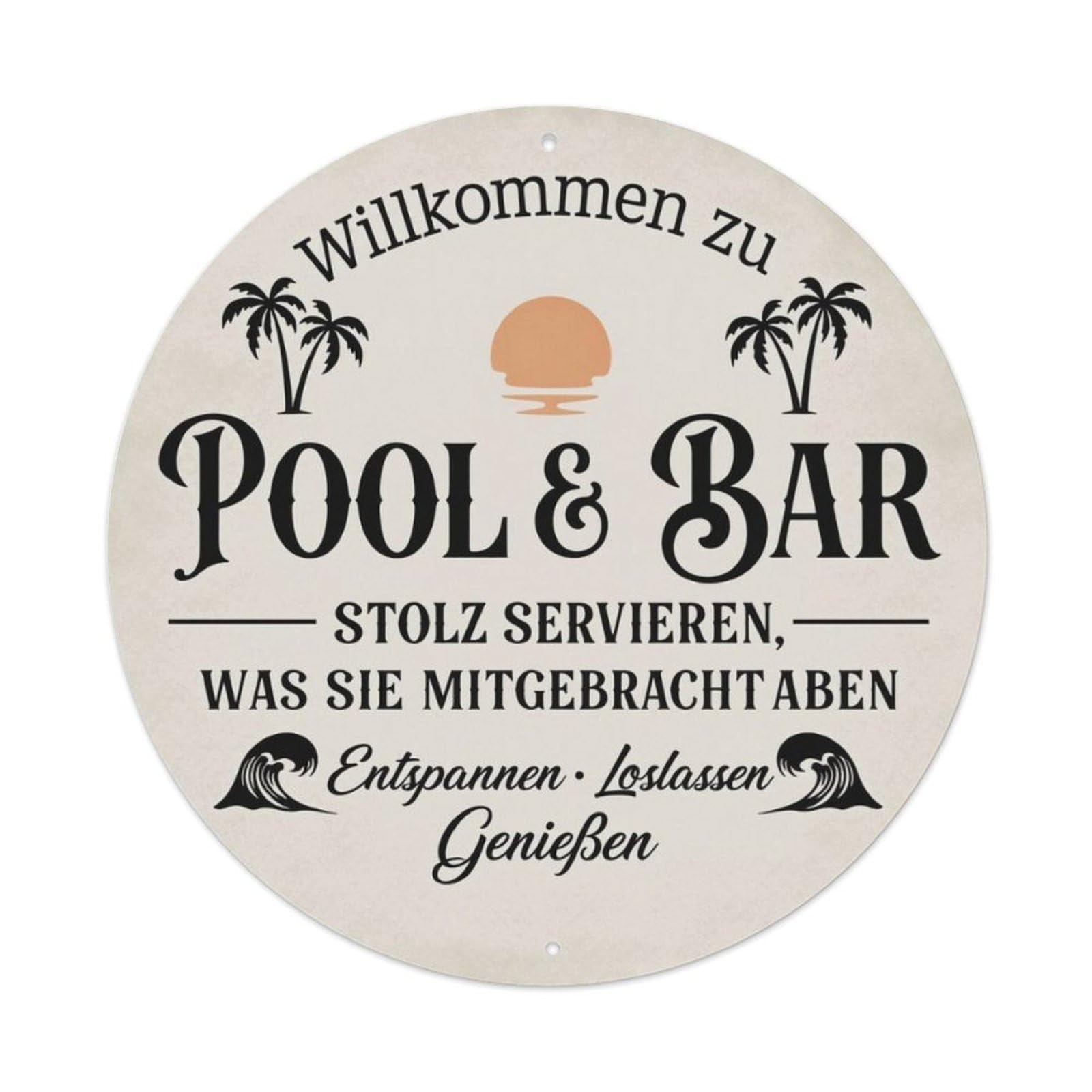 German Pool & Bar Beach Round Decor Sign Vintage Aluminium Metal Sign, Retro Wall Decor for Home, Bar, Garage & Farmhouse 20x20cm
