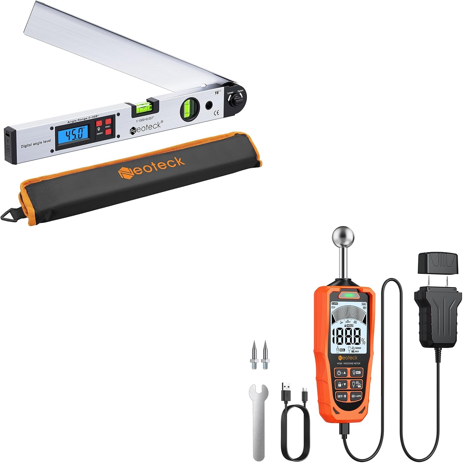 Neoteck Professional Measurement Kit: 225° 16 inch Aluminum Digital Angle Finder Protractor & 2-in-1 Dual Probe Pinless & Pin Moisture Meter with LCD Display and Audio Alarm for Wood, Wall, Concrete