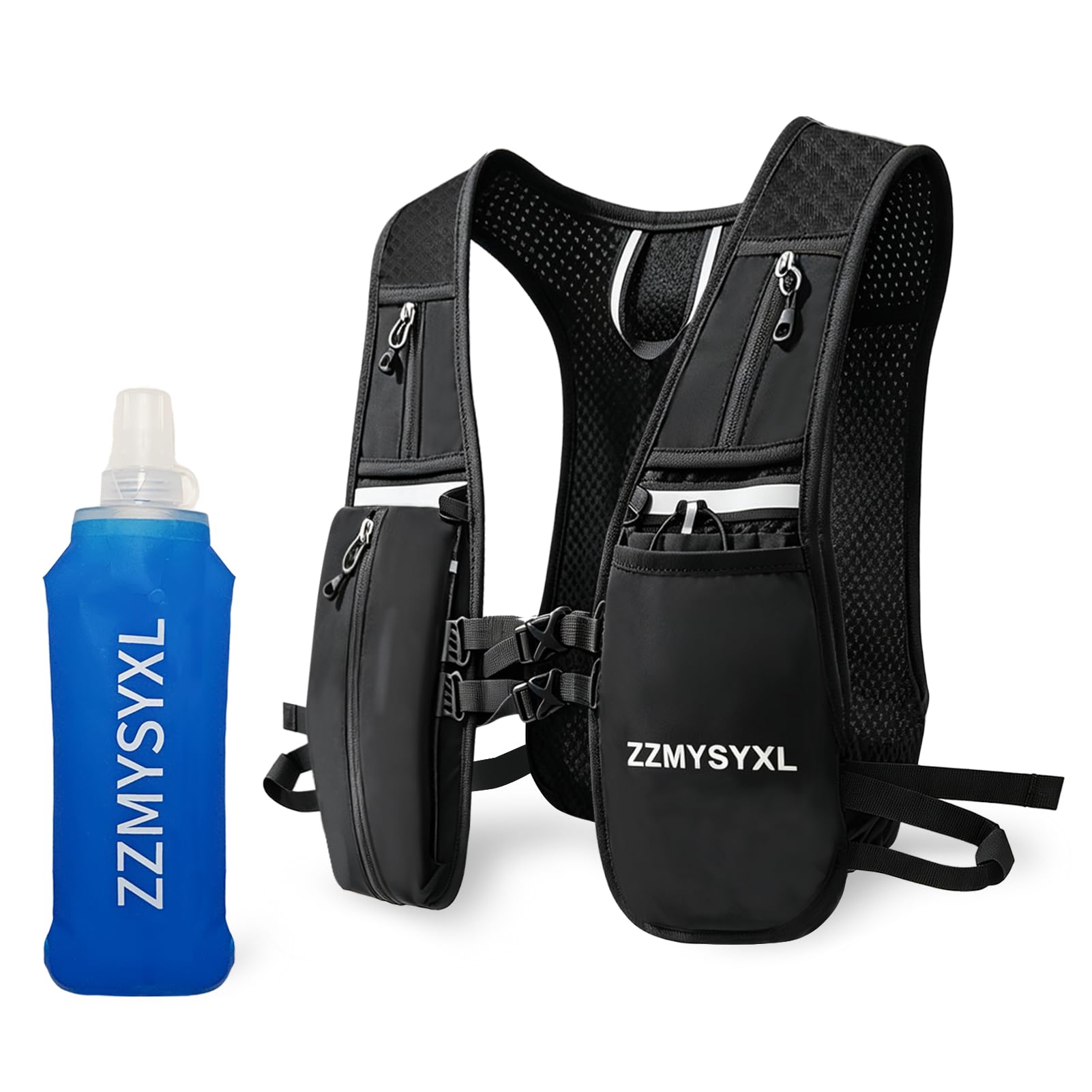 Running Vest Women and Men, Reflective Running Backpack with Storage Pockets, Lightweight Hydration Vest with 500ml Soft Water Bottle Adjustable Vest for Running Cycling Hiking Marathon Outdoor